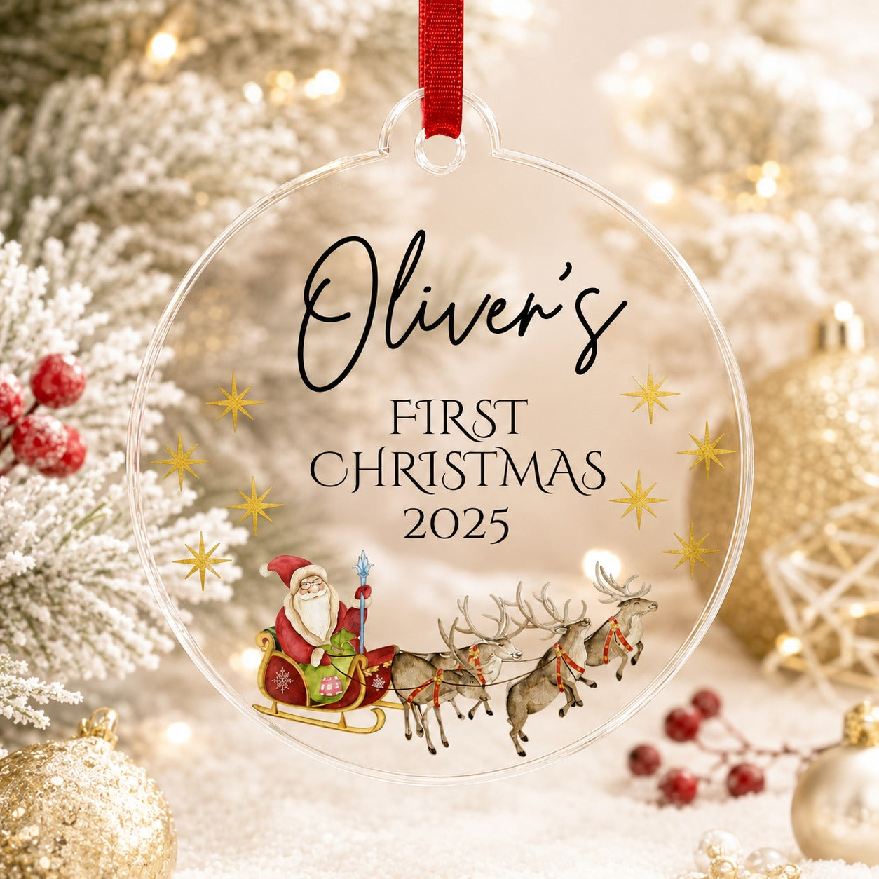 Santa sleigh bauble shown with a different name and year