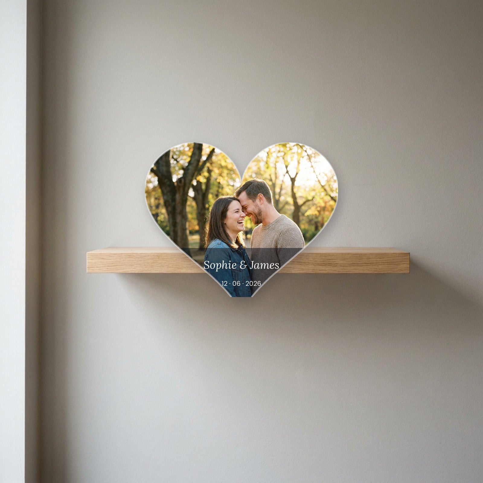Heart photo block displayed on a shelf