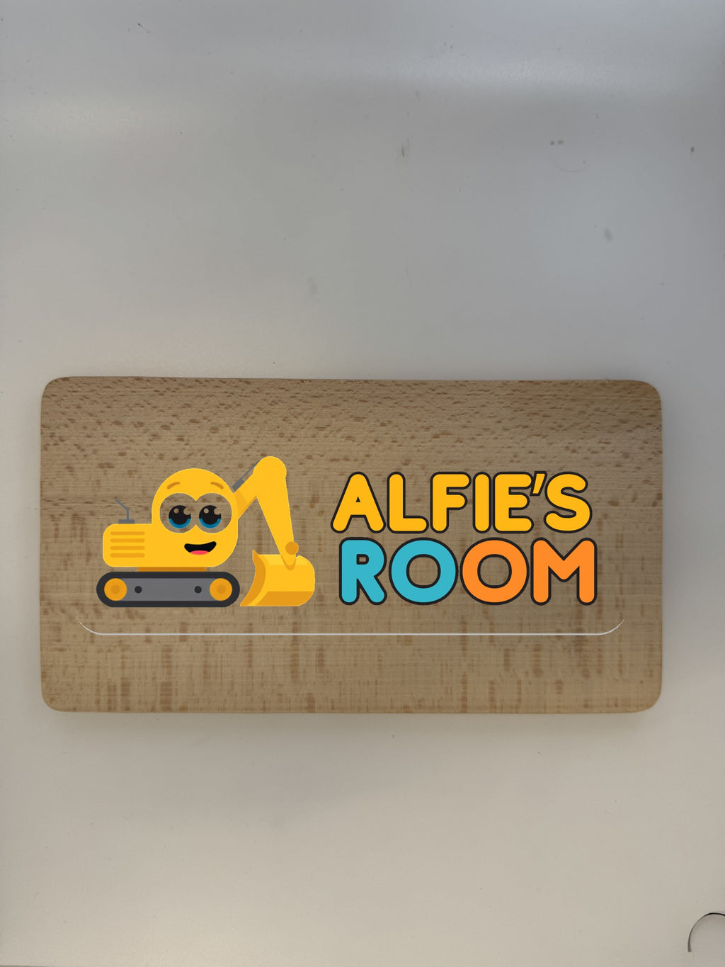 Personalised digger construction kids door sign on beech wood