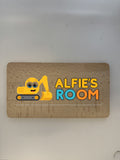 Personalised digger construction kids door sign on beech wood