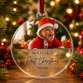 Personalised baby's first Christmas photo bauble with baby photo, name Maisie and year 2026