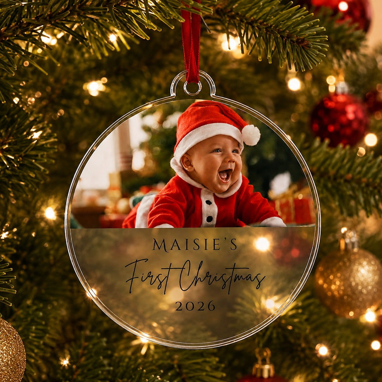 Baby's first Christmas photo bauble hanging on a Christmas tree with warm lights