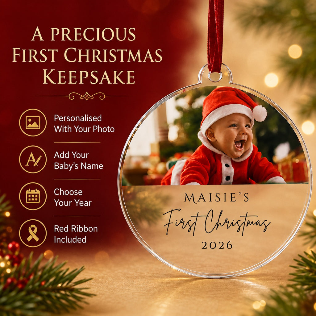 Baby's first Christmas photo bauble shown with a different baby photograph and name