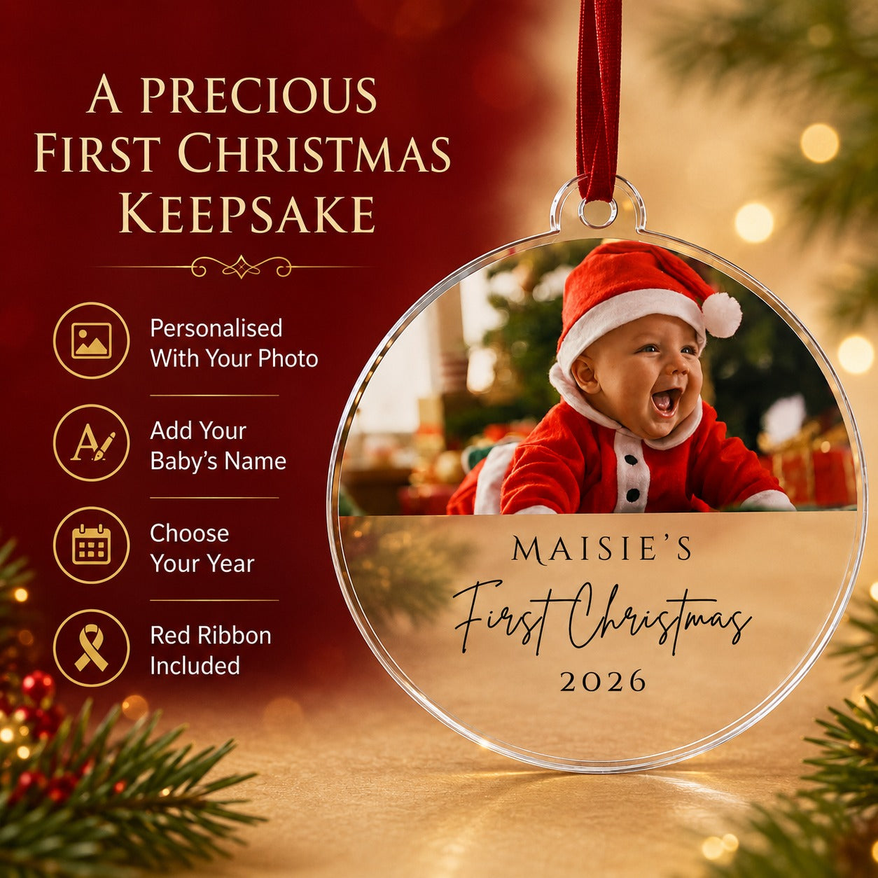 Baby's first Christmas photo bauble shown with a different baby photograph and name