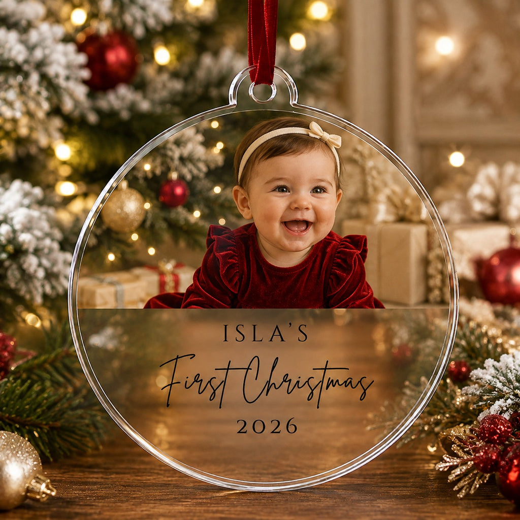 Close up of the baby's first Christmas semicircular photo design on clear acrylic