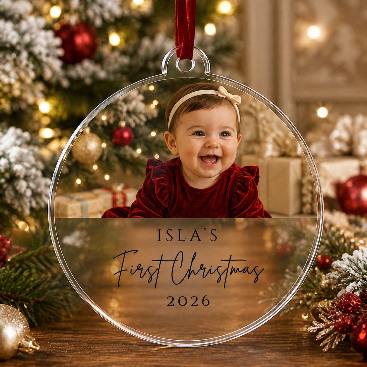 Close up of the baby's first Christmas semicircular photo design on clear acrylic