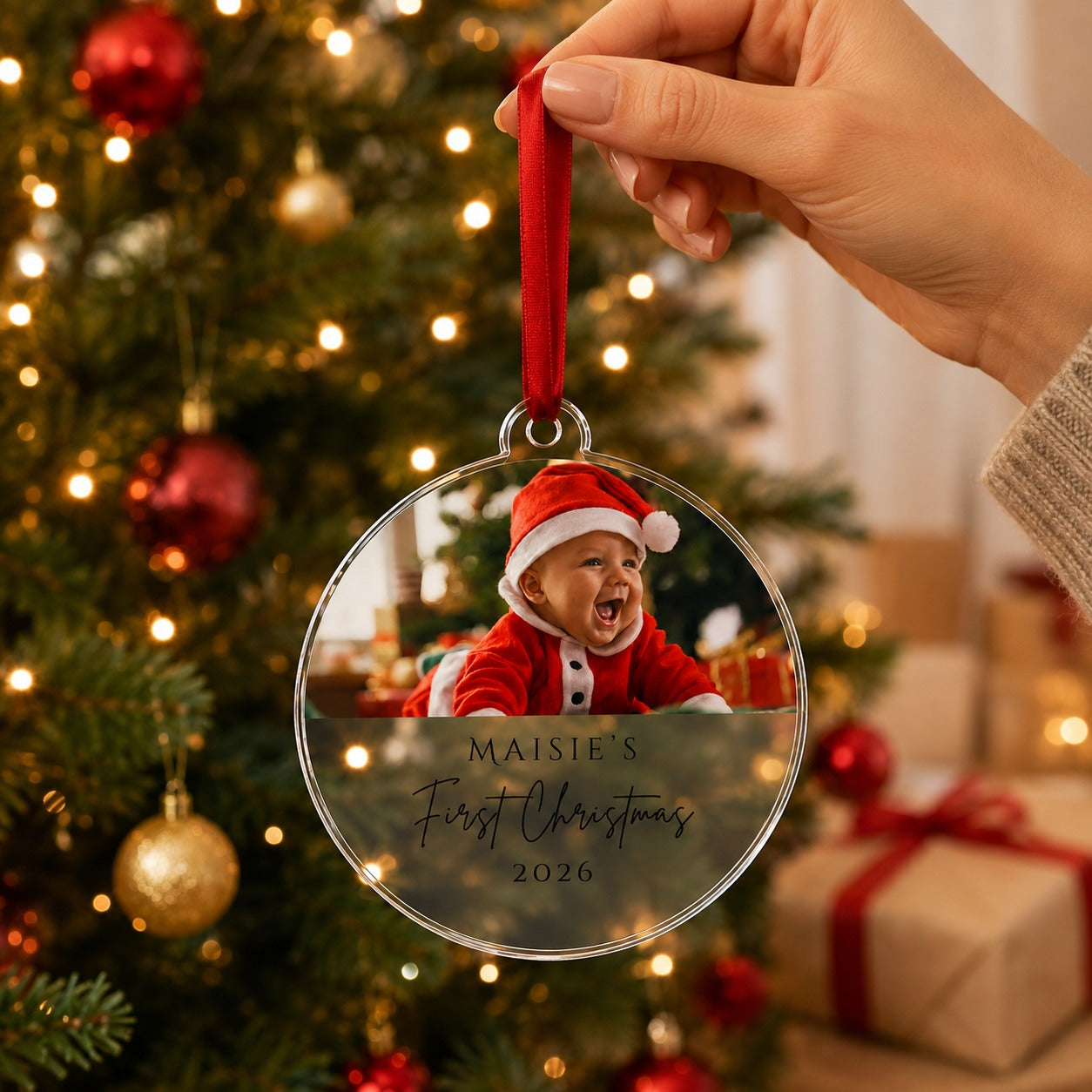 Baby's first Christmas photo bauble held by its red ribbon