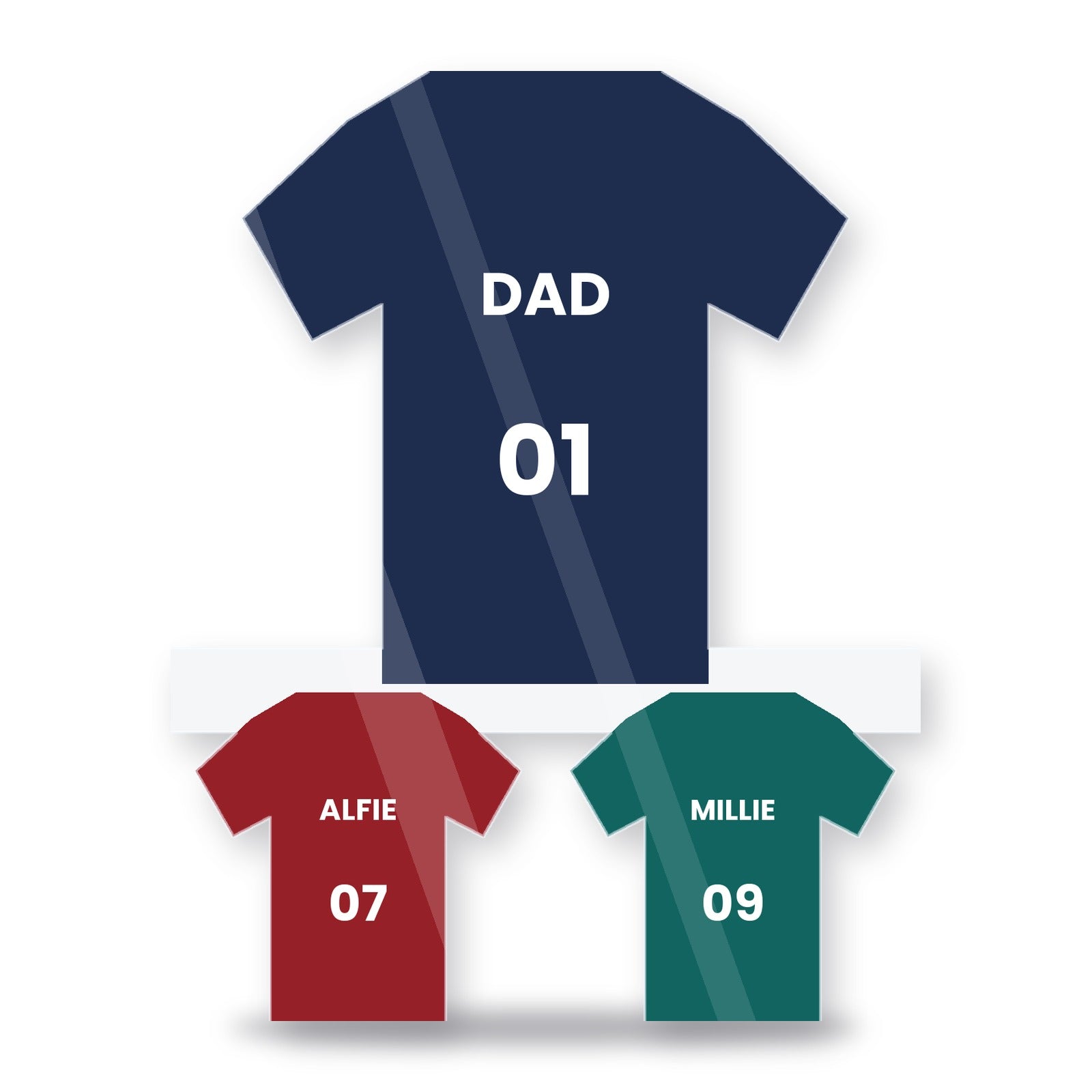 Personalised football shirt acrylic block with dad and kids names and numbers