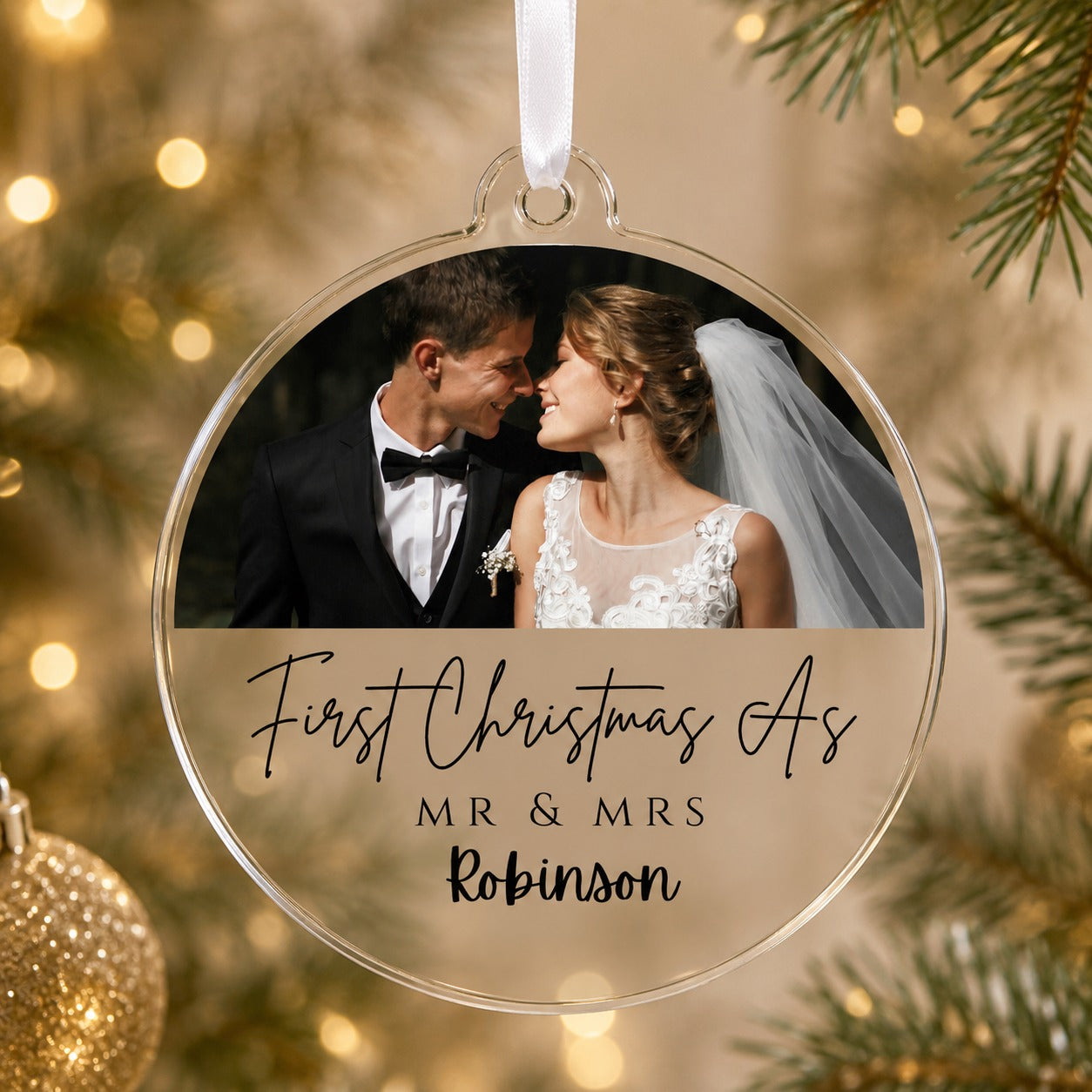 Personalised First Christmas as Mr and Mrs photo bauble with wedding photo and surname Robinson
