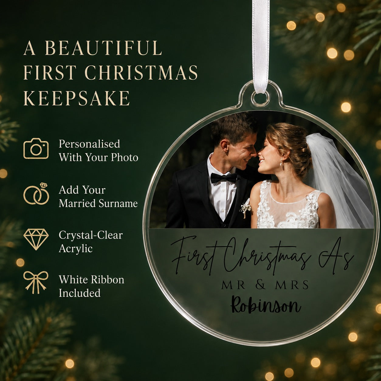 Mr and Mrs photo bauble hanging on a Christmas tree with warm lights