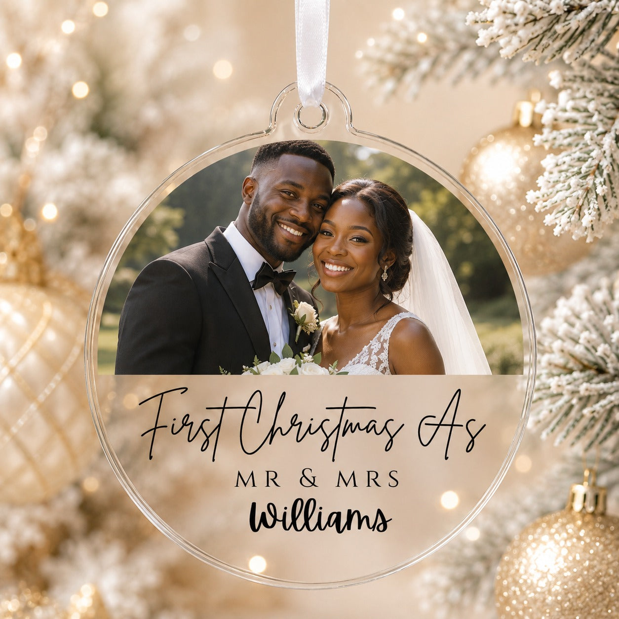 Mr and Mrs photo bauble shown with a different wedding photograph and surname