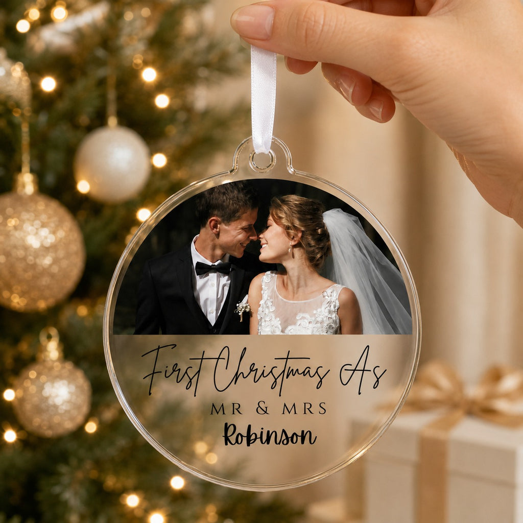 Close up of the personalised Mr and Mrs semicircular photo design on clear acrylic