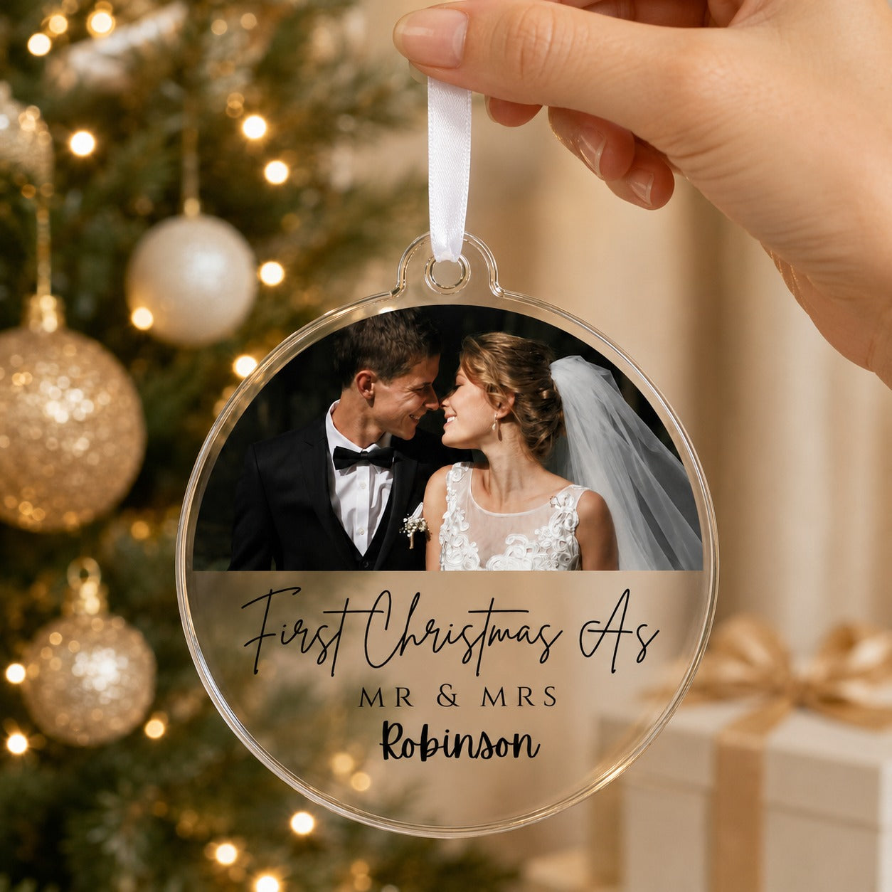 Close up of the personalised Mr and Mrs semicircular photo design on clear acrylic