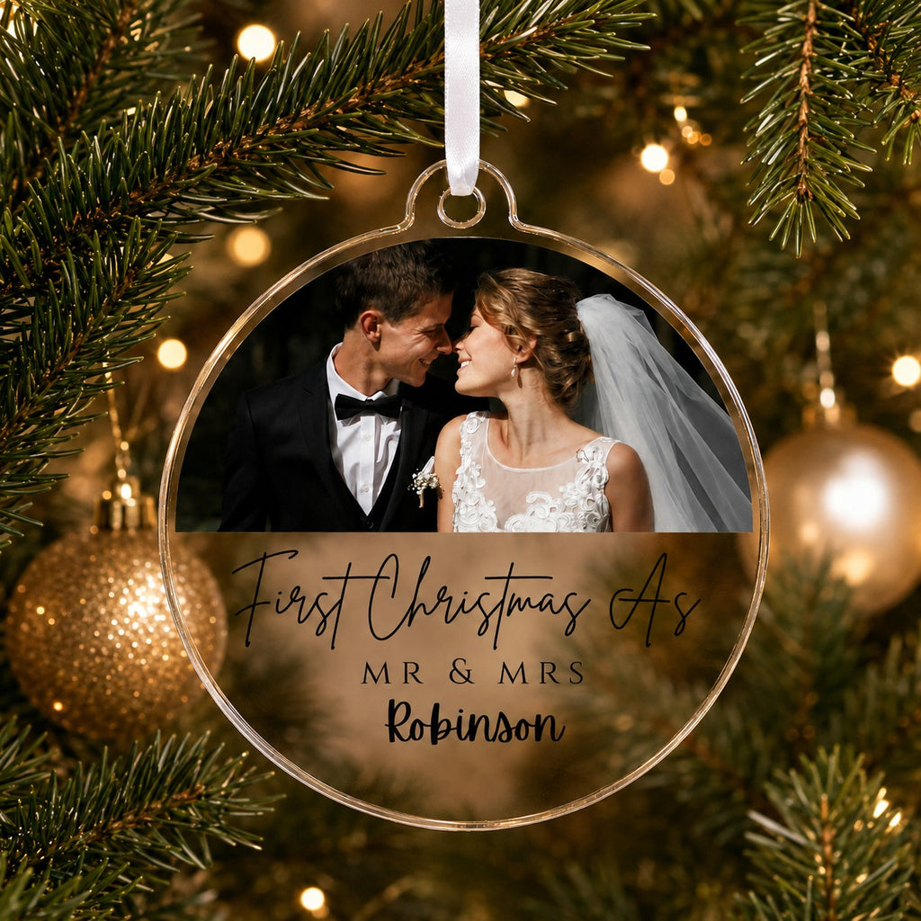 Mr and Mrs photo bauble held by its white ribbon