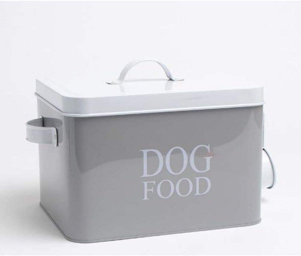 Container Dog Food Storage Tin With Scoop Dimensions: H17.5 X L25 X W20 cm Gray, With 2 Carry Handles For Easy Lifting, Keeping Food Fresh, Dry And Tidy