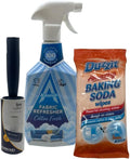 Laundry Care Kit – Fabric Refresher Spray 500ml, Baking Soda Stain Wipes & Lint Roller (35 Sheets) | 3-Piece Clothes, Sofa & Pet Hair Bundle for Odours, Stains & Fluff