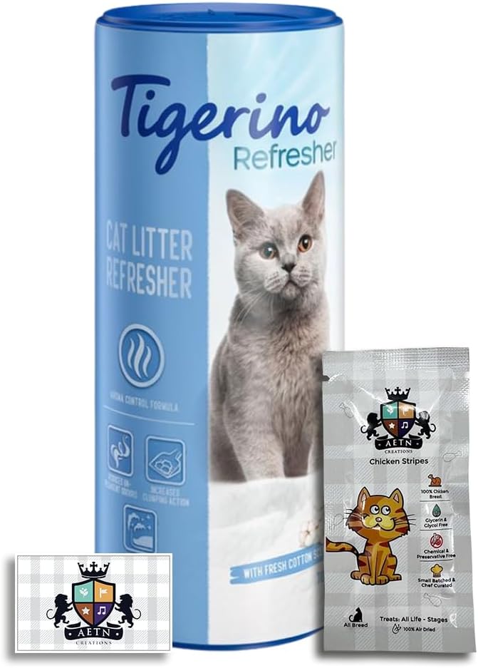AETN Creations Litter Refresher Bundle - Tigerino Natural Clay Deodorant Fresh Cotton (700g) with AETN Cat Treat