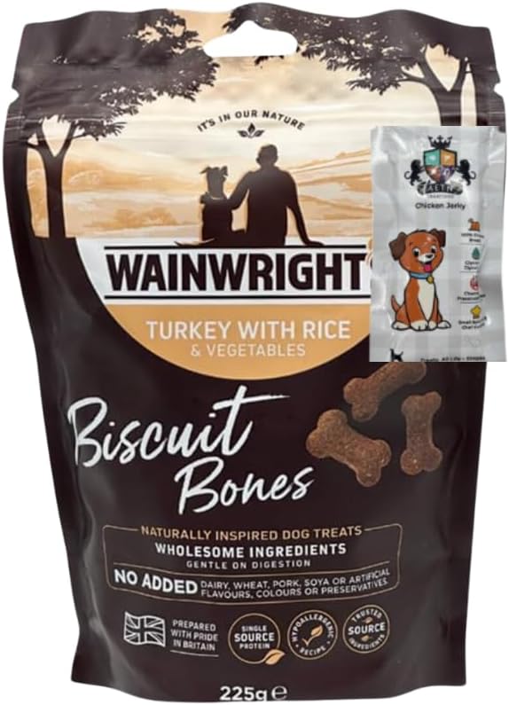 AETN Creations Turkey Rice Biscuit Bones Dog Treats 225g Hypoallergenic Recipe for Adult Dogs Bundled with AETN Exclusive Coaster