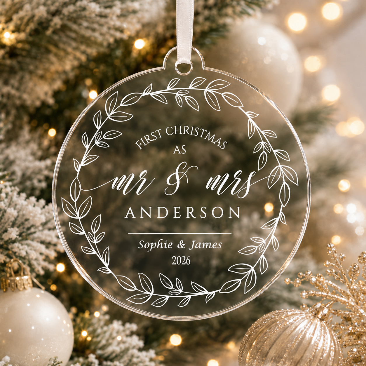 Mr and Mrs wreath bauble shown with a different surname, first names and year