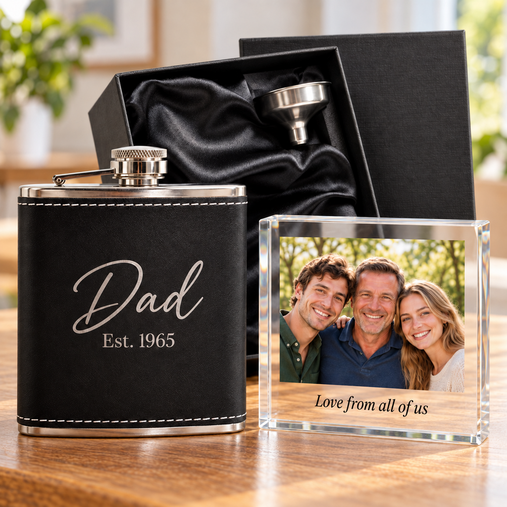 Personalised Hip Flask Gift Set Photo Acrylic Block Box
