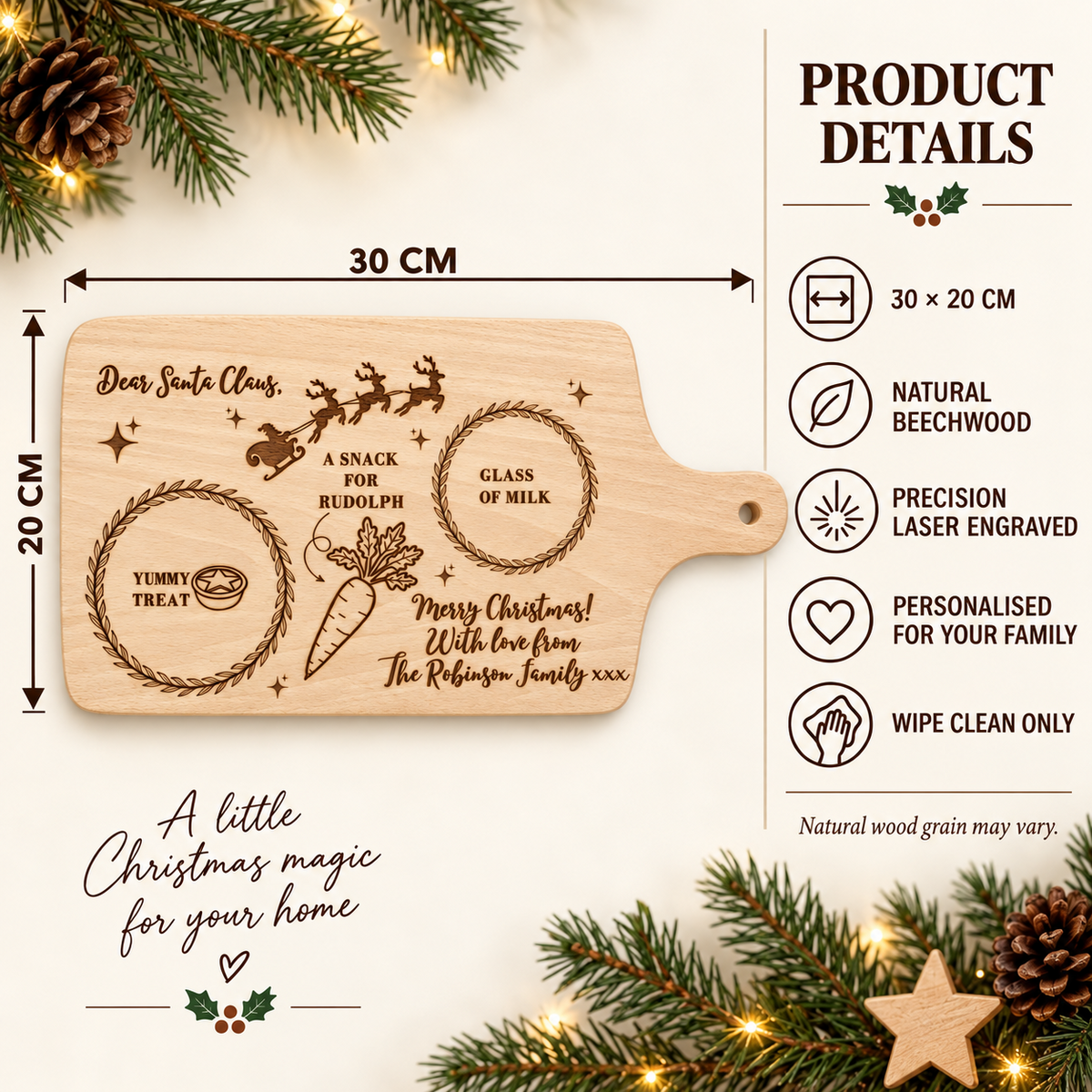 Personalised Santa Treat Board - Dear Santa Claus, Engraved Beechwood Christmas Eve 30x20cm