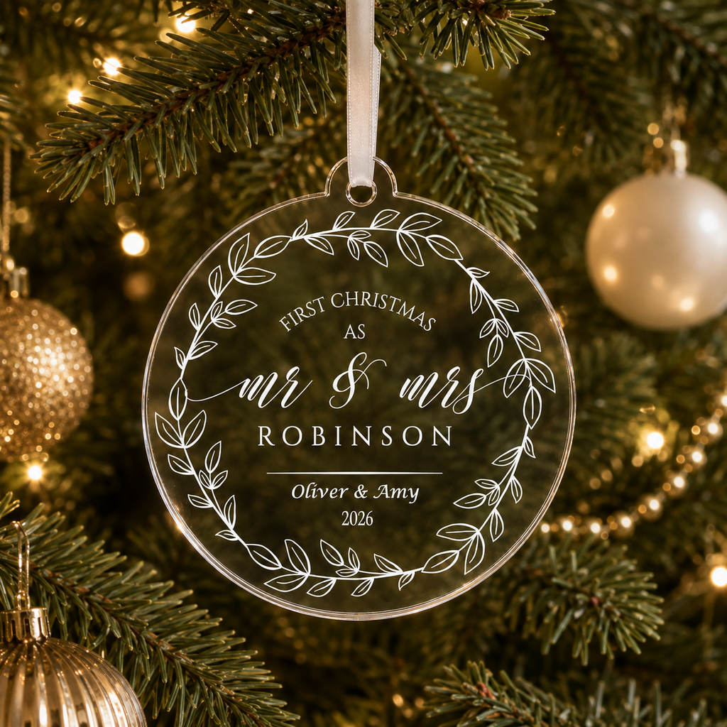 Mr and Mrs wreath bauble hanging on a Christmas tree with warm lights