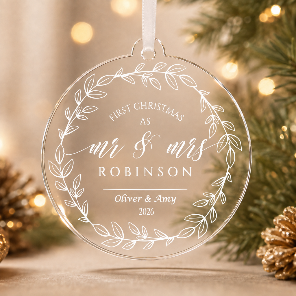 Personalised First Christmas as Mr and Mrs acrylic wreath bauble with surname, first names and year