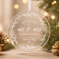 Personalised First Christmas as Mr and Mrs acrylic wreath bauble with surname, first names and year