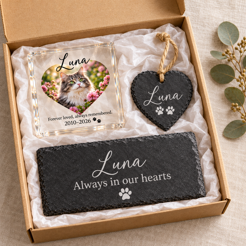 Personalised Pet Memorial Gift Set Dog Cat Photo Block Slate Plaque Heart Boxed