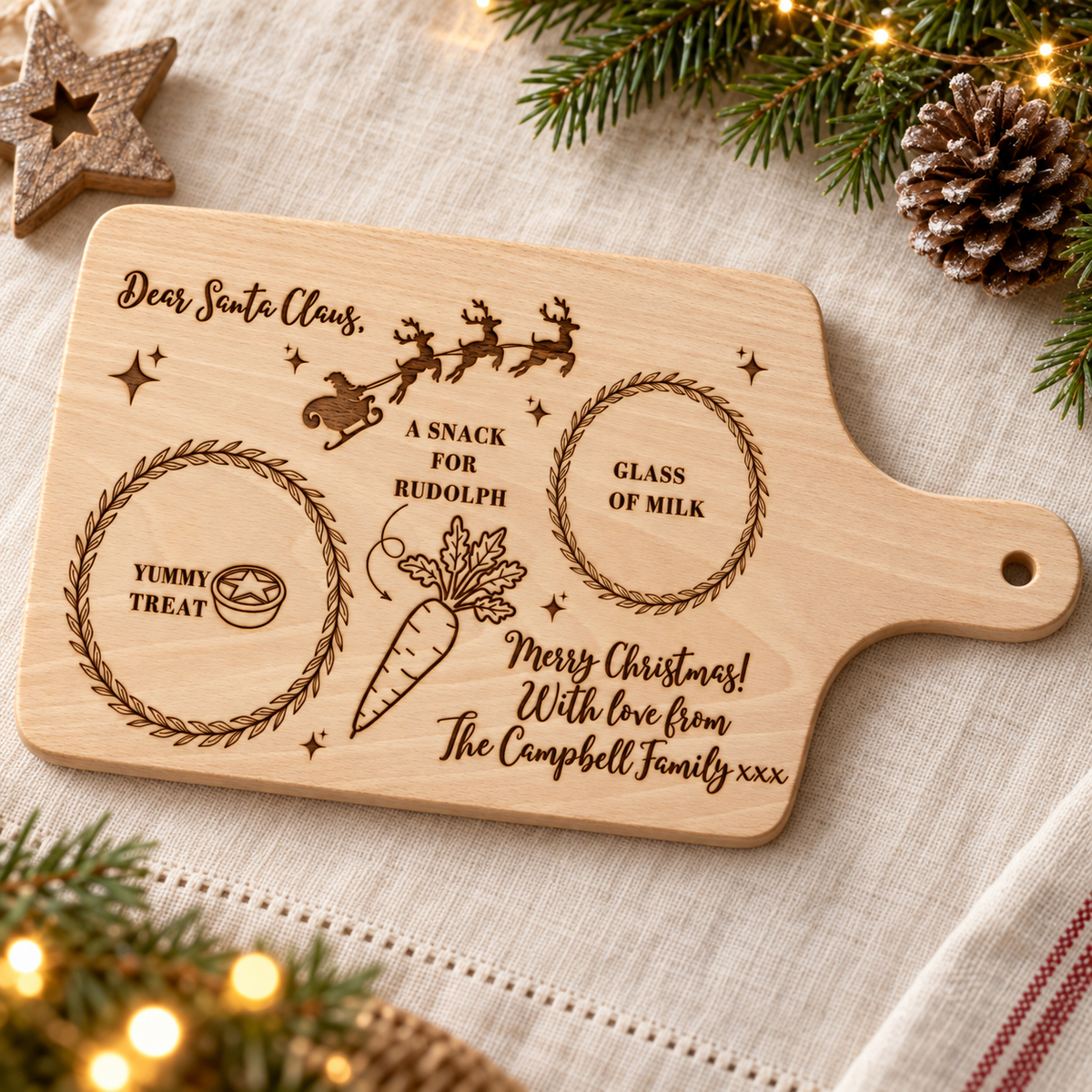 Personalised Dear Santa Claus treat board engraved with The Campbell Family