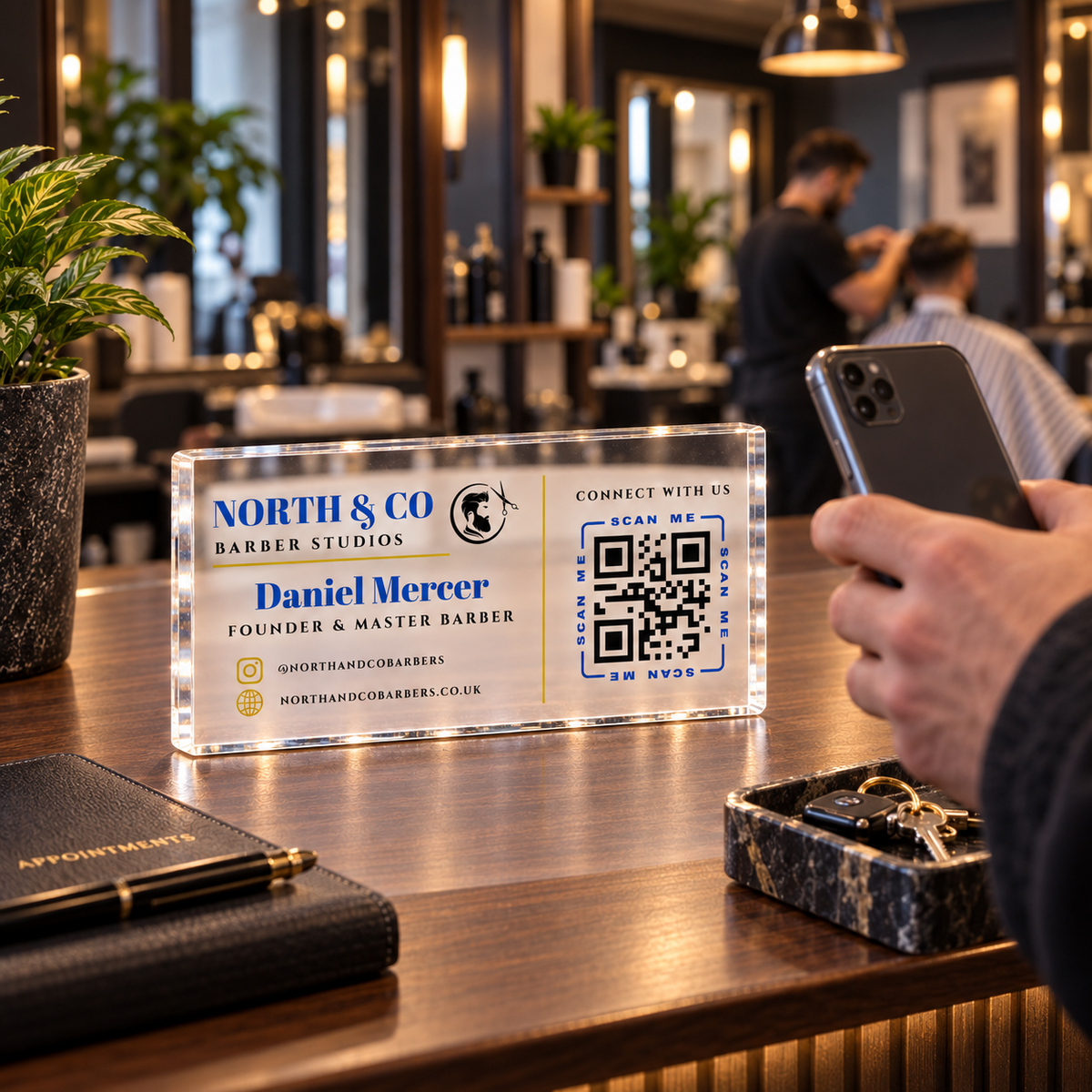Personalised Business QR Code Sign - 20cm Acrylic Counter Display, Logo & Social Media