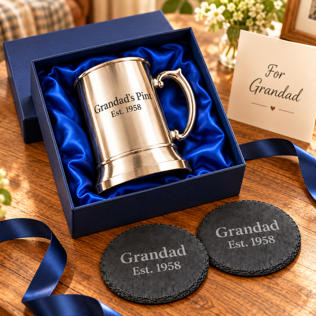 Personalised Tankard Gift Set Engraved Beer 450ml Mug 2 Slate Coasters Boxed Dad