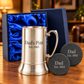 Personalised Tankard Gift Set Engraved Beer 450ml Mug 2 Slate Coasters Boxed Dad