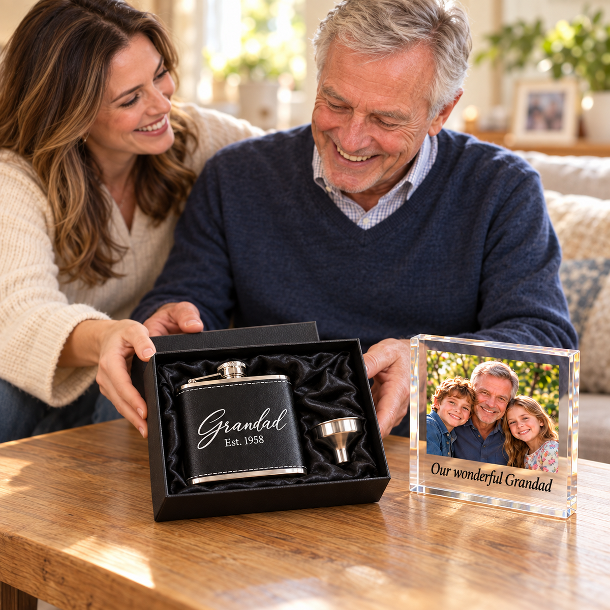 Personalised Hip Flask Gift Set Photo Acrylic Block Box