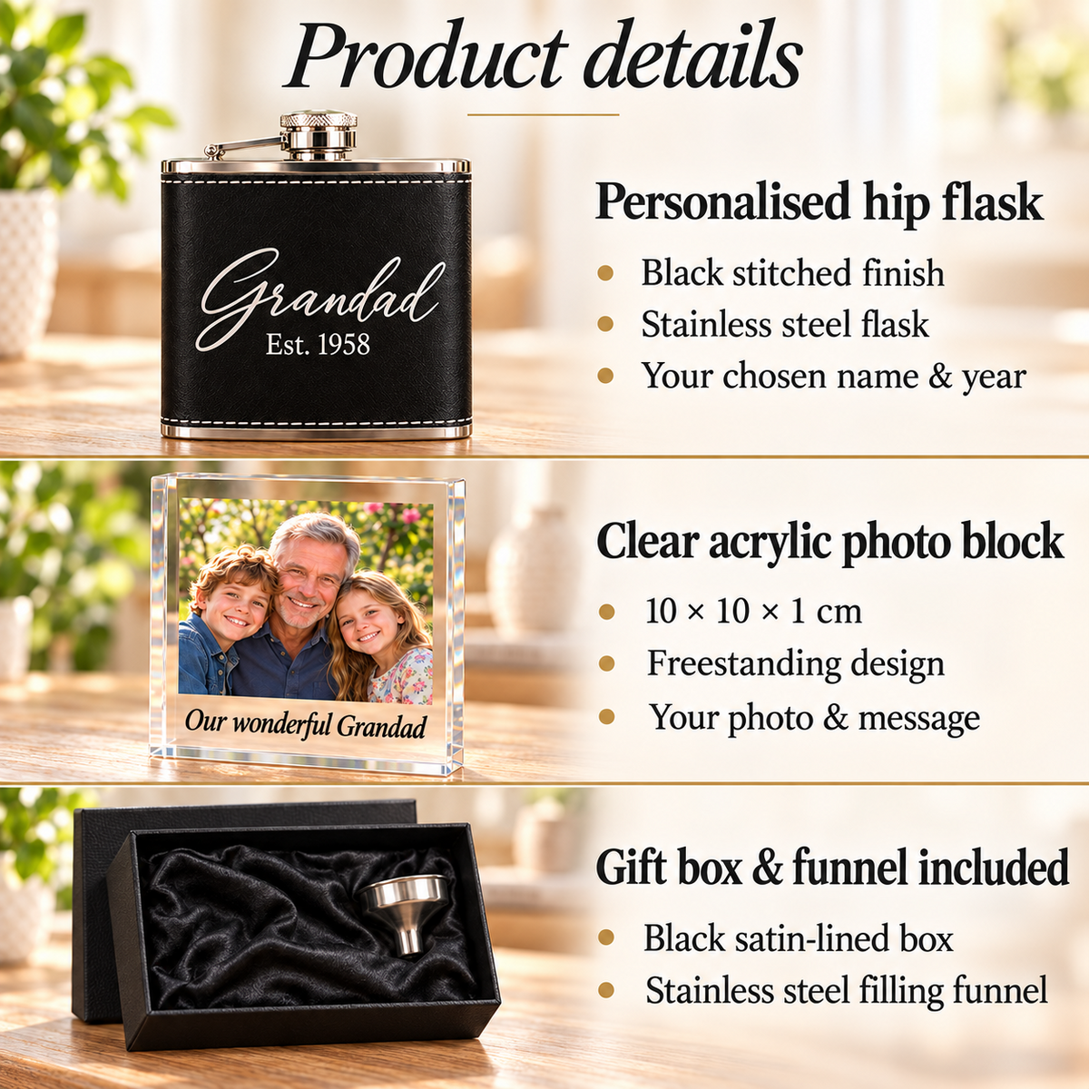 Personalised Hip Flask Gift Set Photo Acrylic Block Box