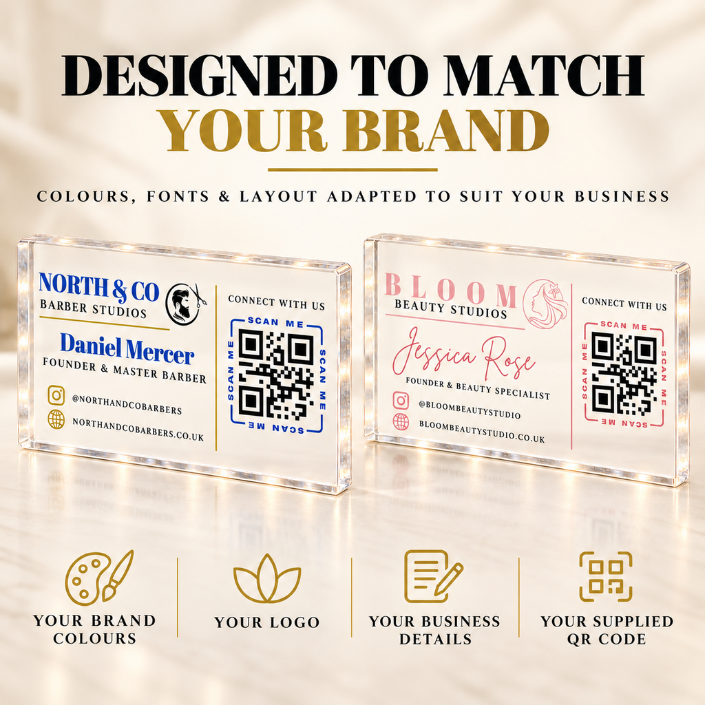 Personalised Business QR Code Sign - 20cm Acrylic Counter Display, Logo & Social Media