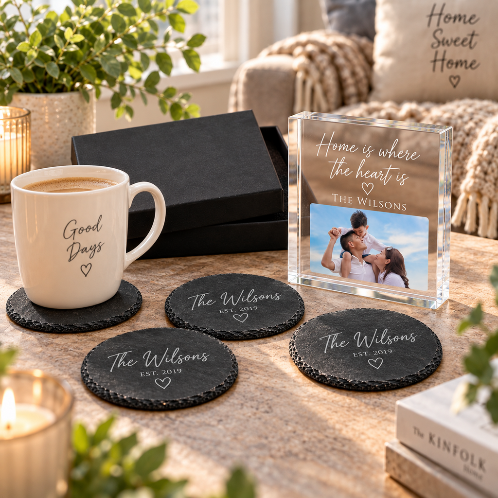 Personalised Slate Coaster Set of 4 & Acrylic Photo Block