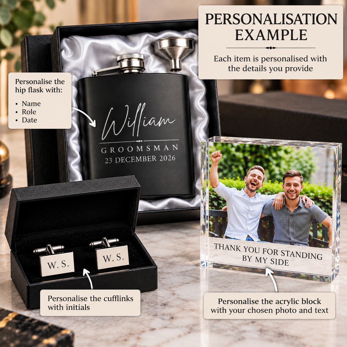 Personalised Groomsman Gift Set Hip Flask Cufflinks Photo Block