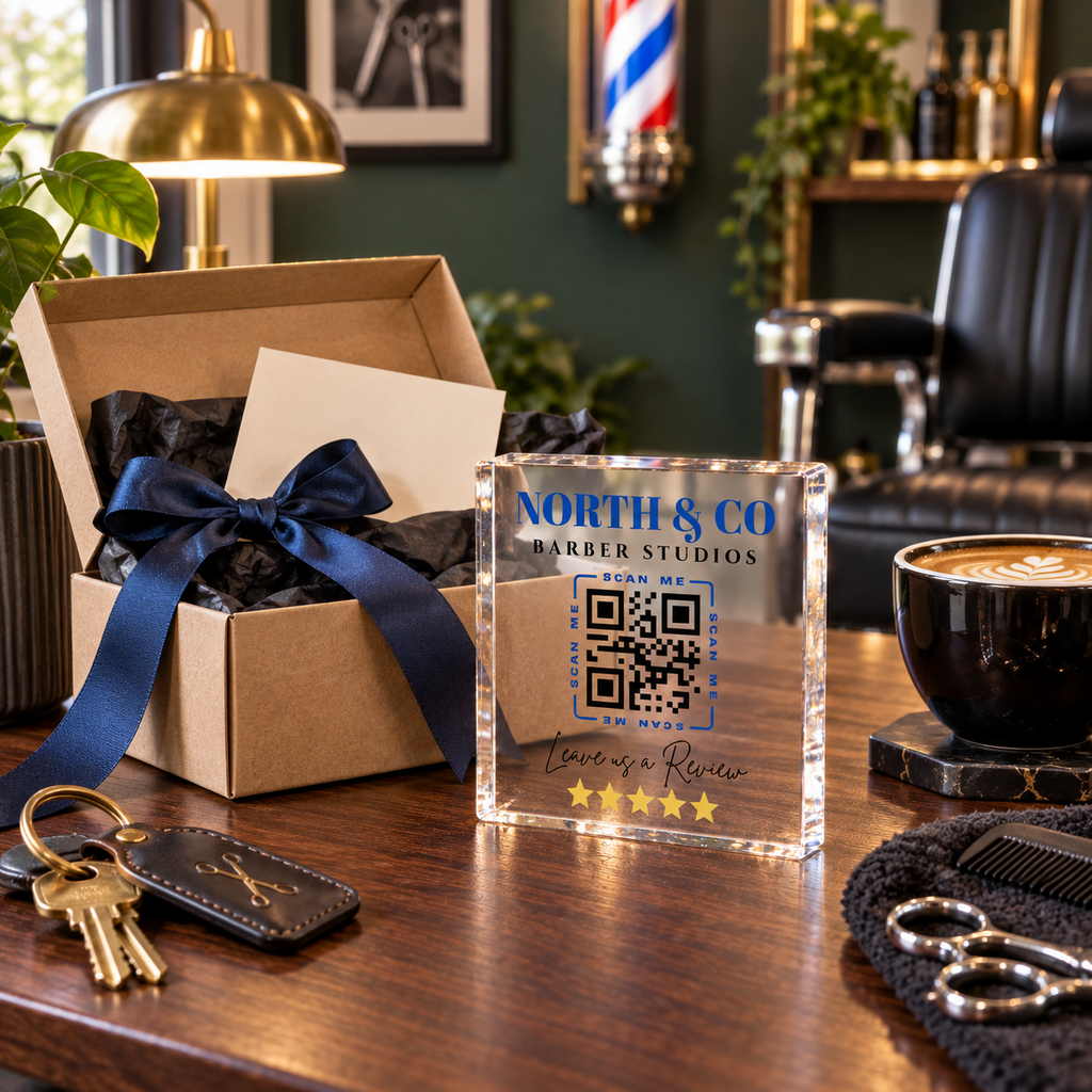 Personalised Google Review QR Code Sign - 10cm Acrylic Block with Your Business Logo