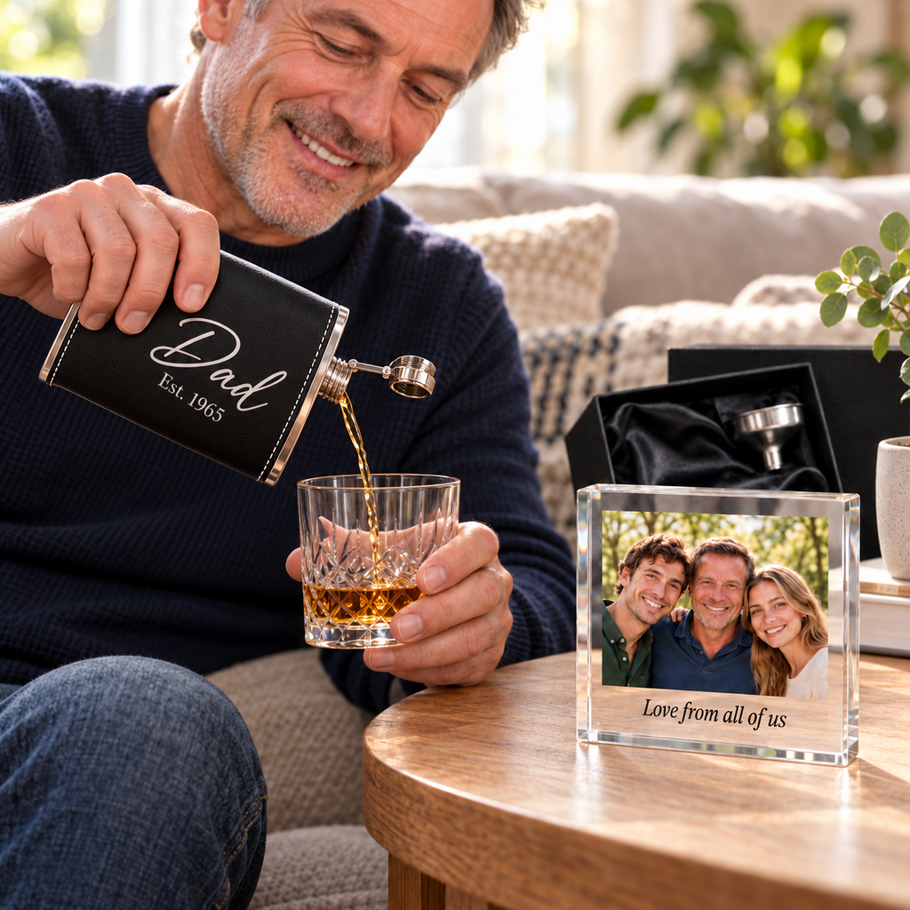 Personalised Hip Flask Gift Set Photo Acrylic Block Box
