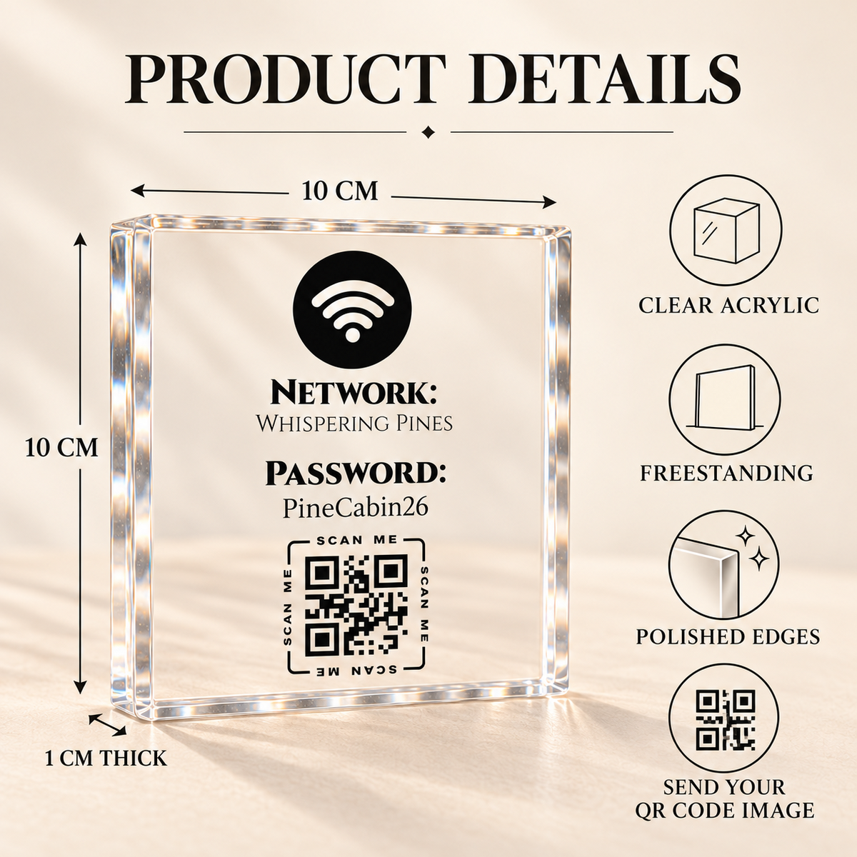 Personalised WiFi QR Code Sign - 10cm Clear Acrylic Block, Airbnb, B&B & Guest House