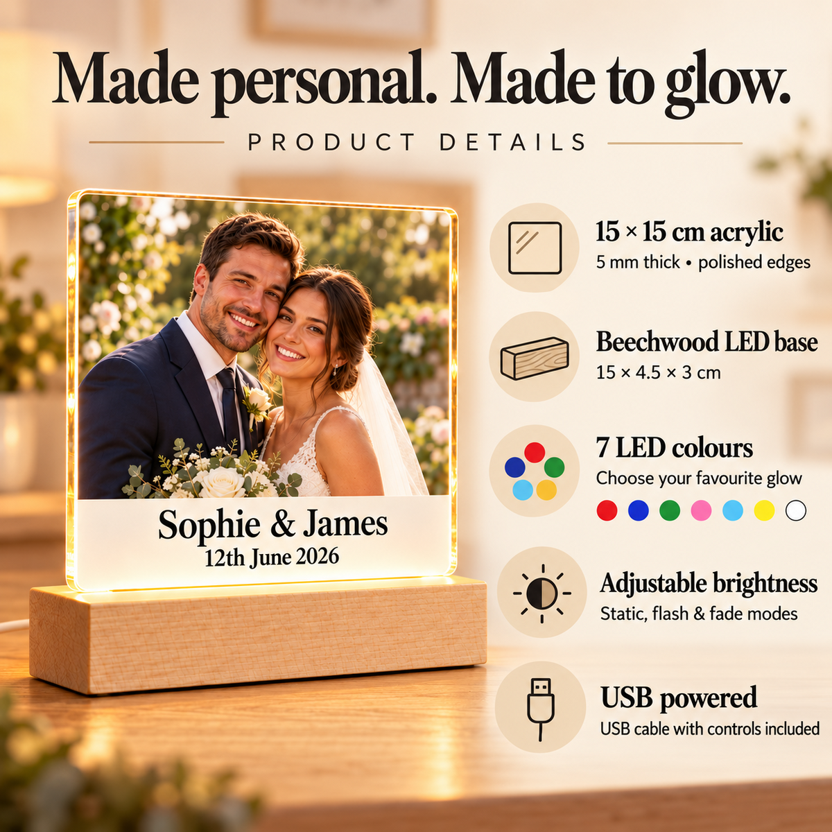Personalised LED Photo Light Acrylic Night Lamp Gift Memorial Wedding Christmas