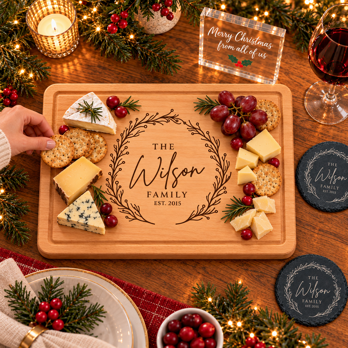 Personalised Chopping Board Gift Set 2 Slate Coasters Acrylic Block Family Gift