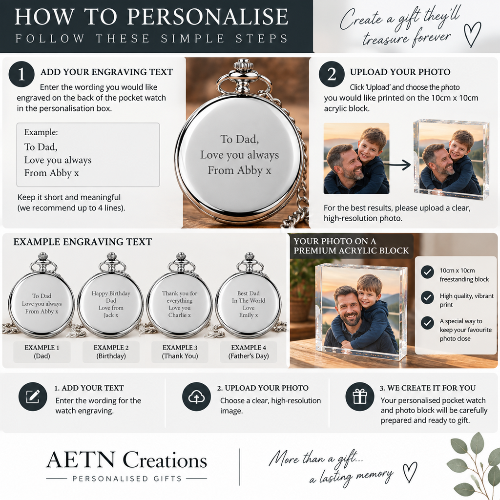 Personalised Engraved Pocket Watch & Acrylic Photo Block