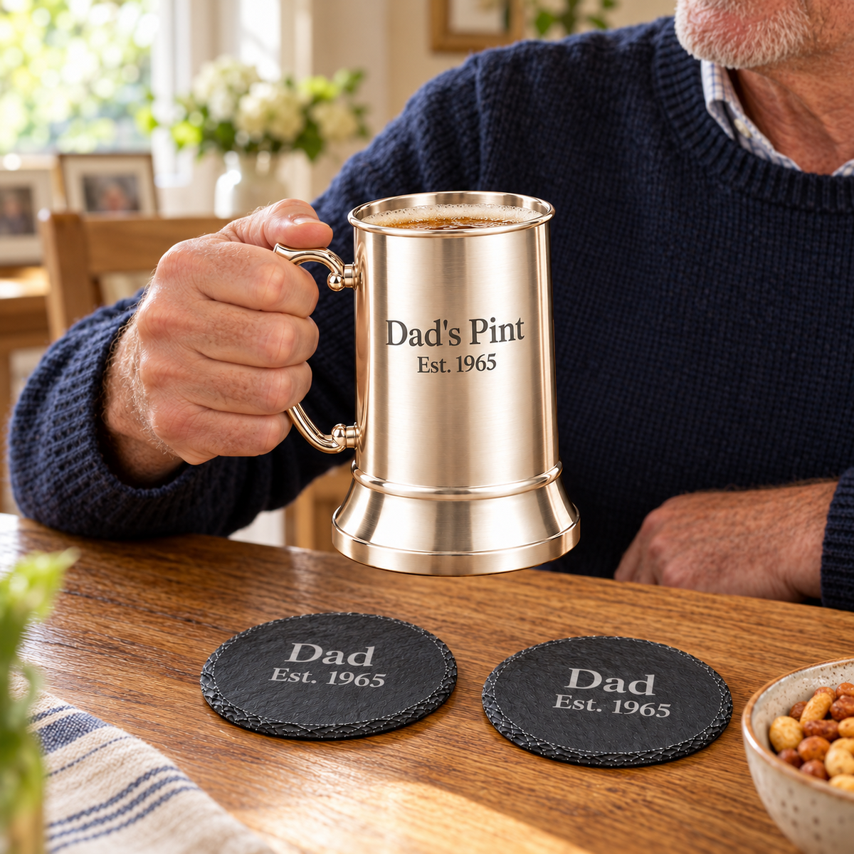 Personalised Tankard Gift Set Engraved Beer 450ml Mug 2 Slate Coasters Boxed Dad