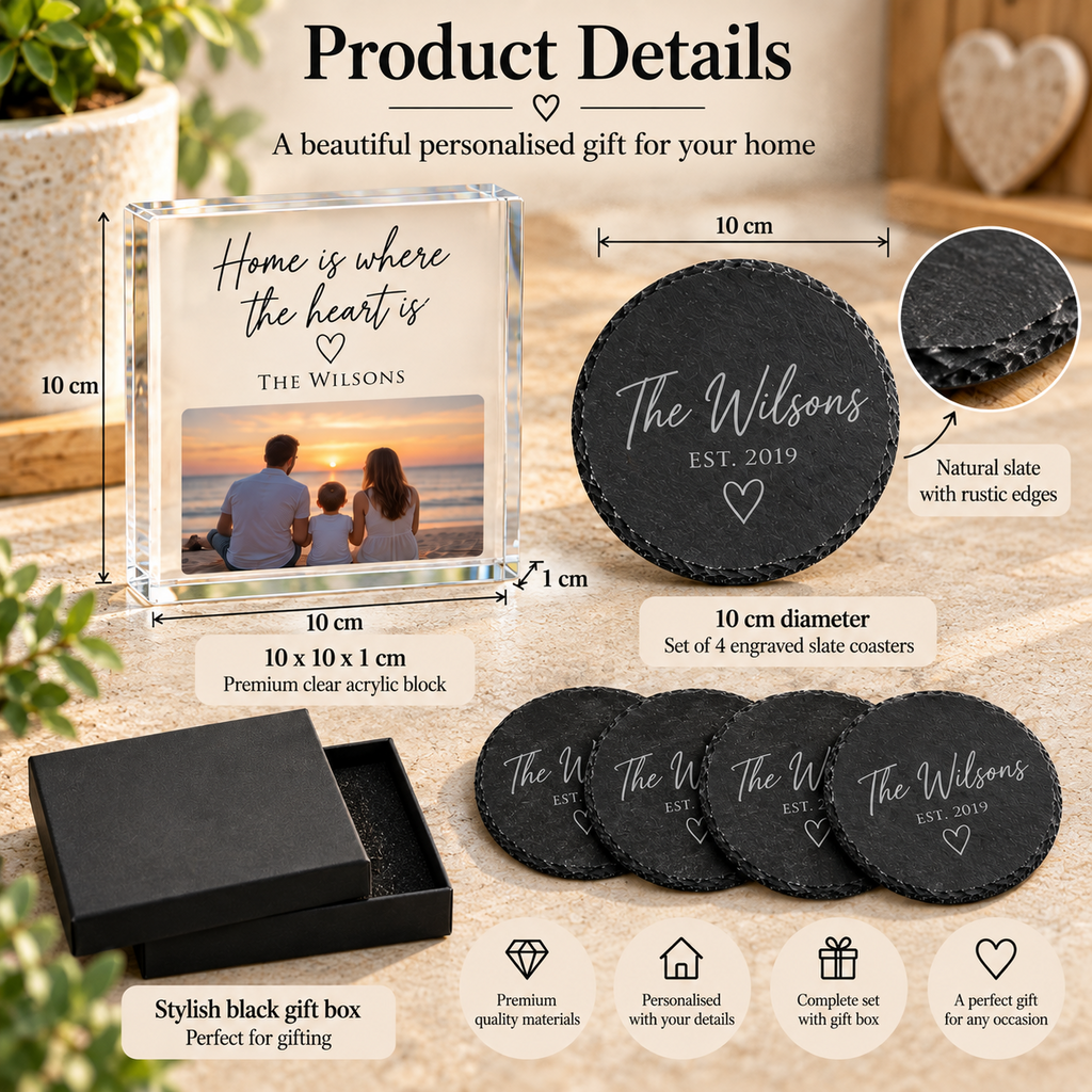 Personalised Slate Coaster Set of 4 & Acrylic Photo Block