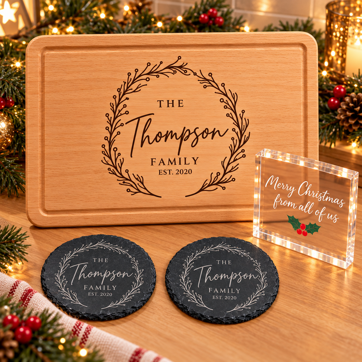 Personalised Chopping Board Gift Set 2 Slate Coasters Acrylic Block Family Gift