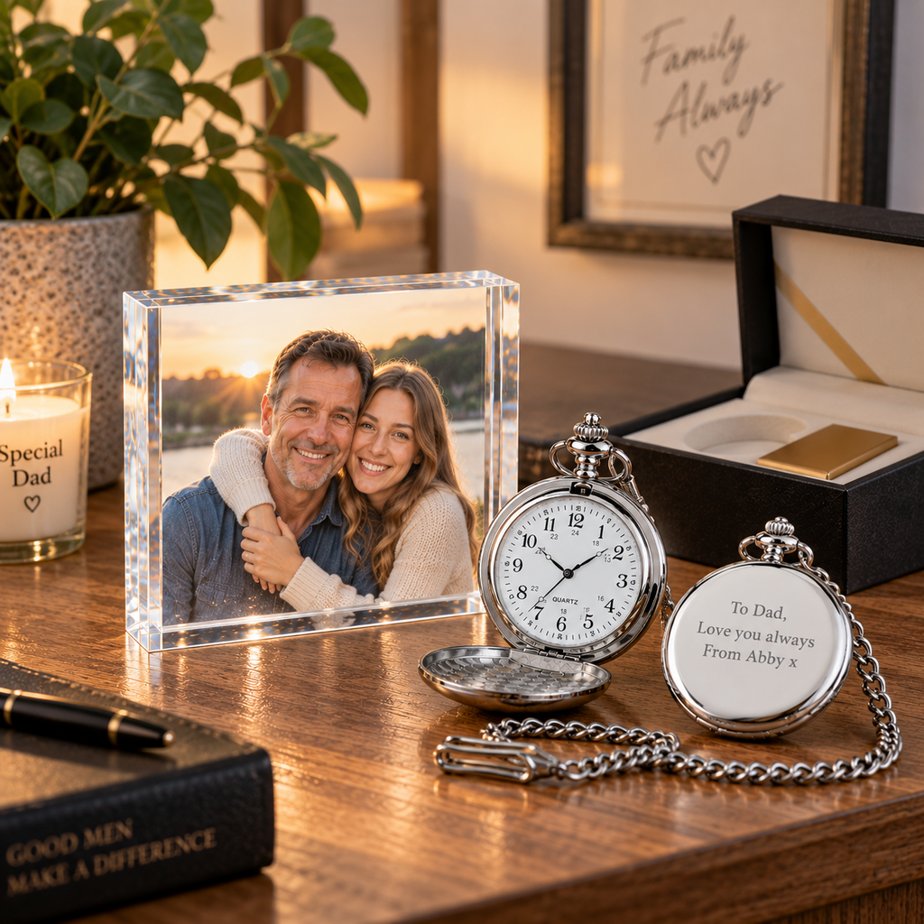 Personalised Engraved Pocket Watch & Acrylic Photo Block