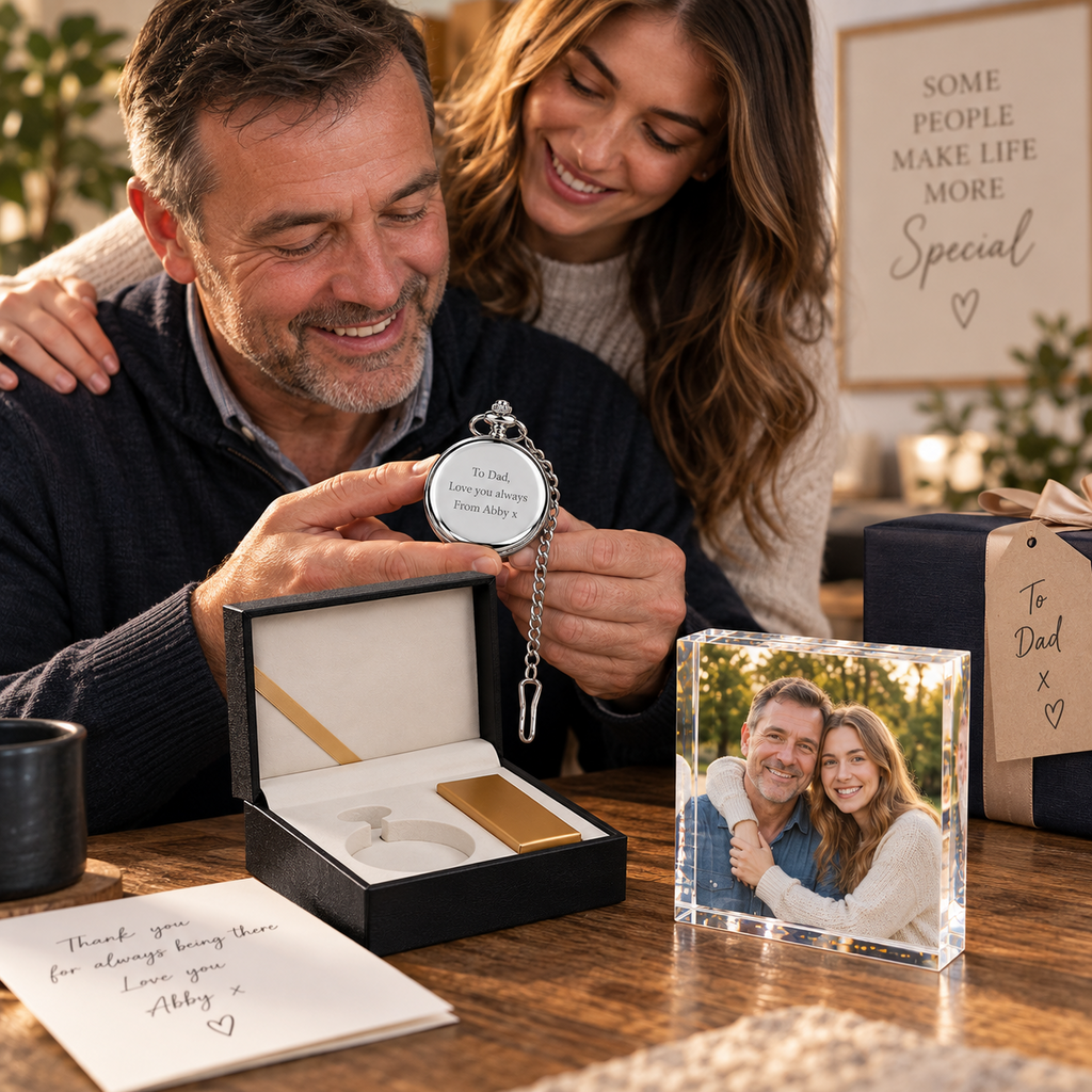Personalised Engraved Pocket Watch & Acrylic Photo Block