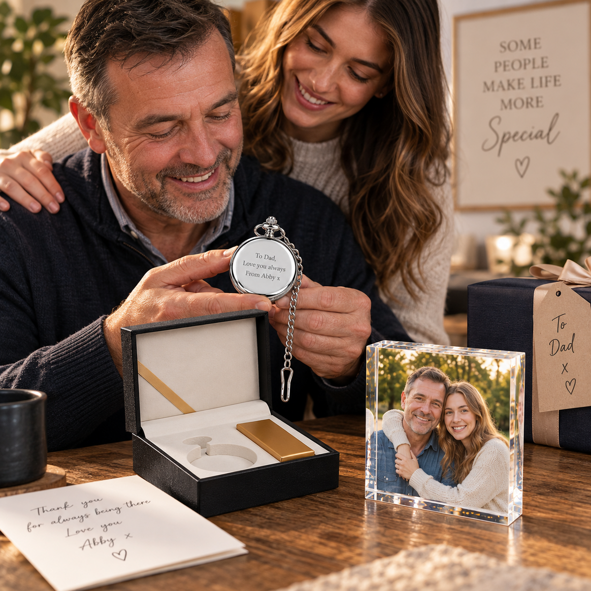 Personalised Engraved Pocket Watch & Acrylic Photo Block